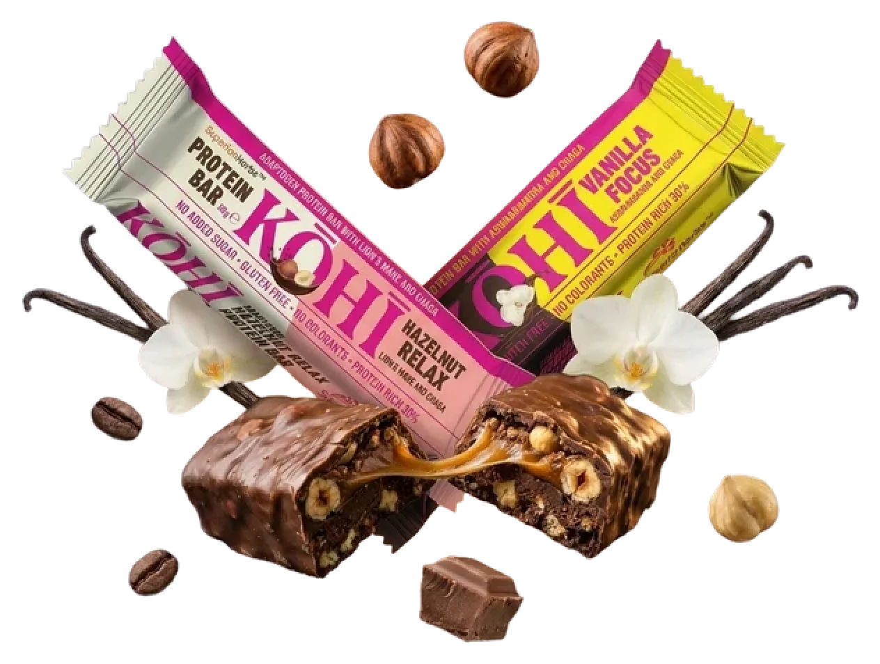 Proteinové tyčinky KOHI Hazelnut Relax a Vanilla Focus s oříšky a vanilkou